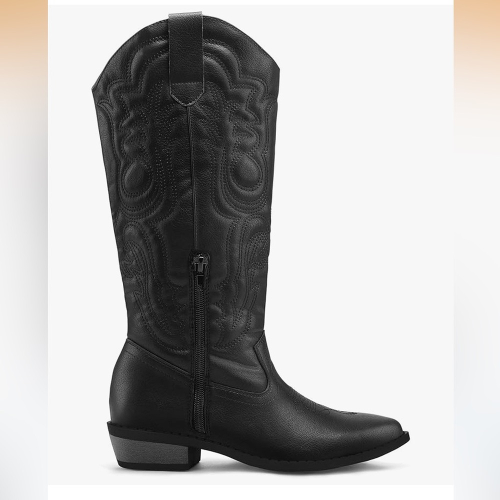 NWT Black Pull On Cowboy Boots Mid Calf Cowgirl Embroidered Western Pointed Toe